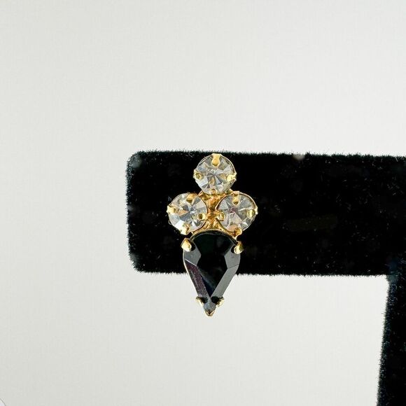 Vintage 1950s Screw Back Earrings Sparkling Clear Black Rhinestones Art Deco - Picture 6 of 9